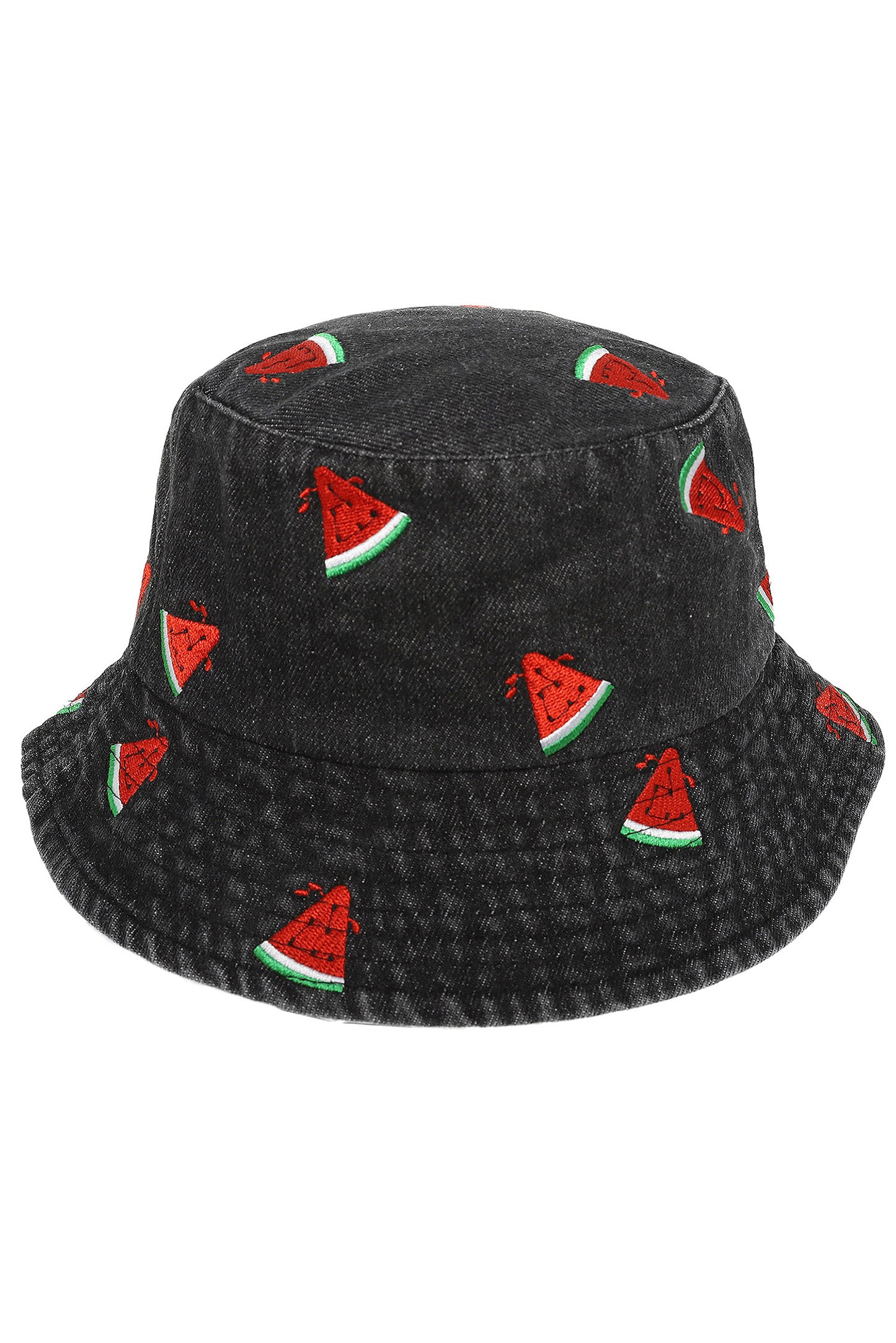 Victoria Denim Bucket Hat with Embroidered Watermelon Accents | Black