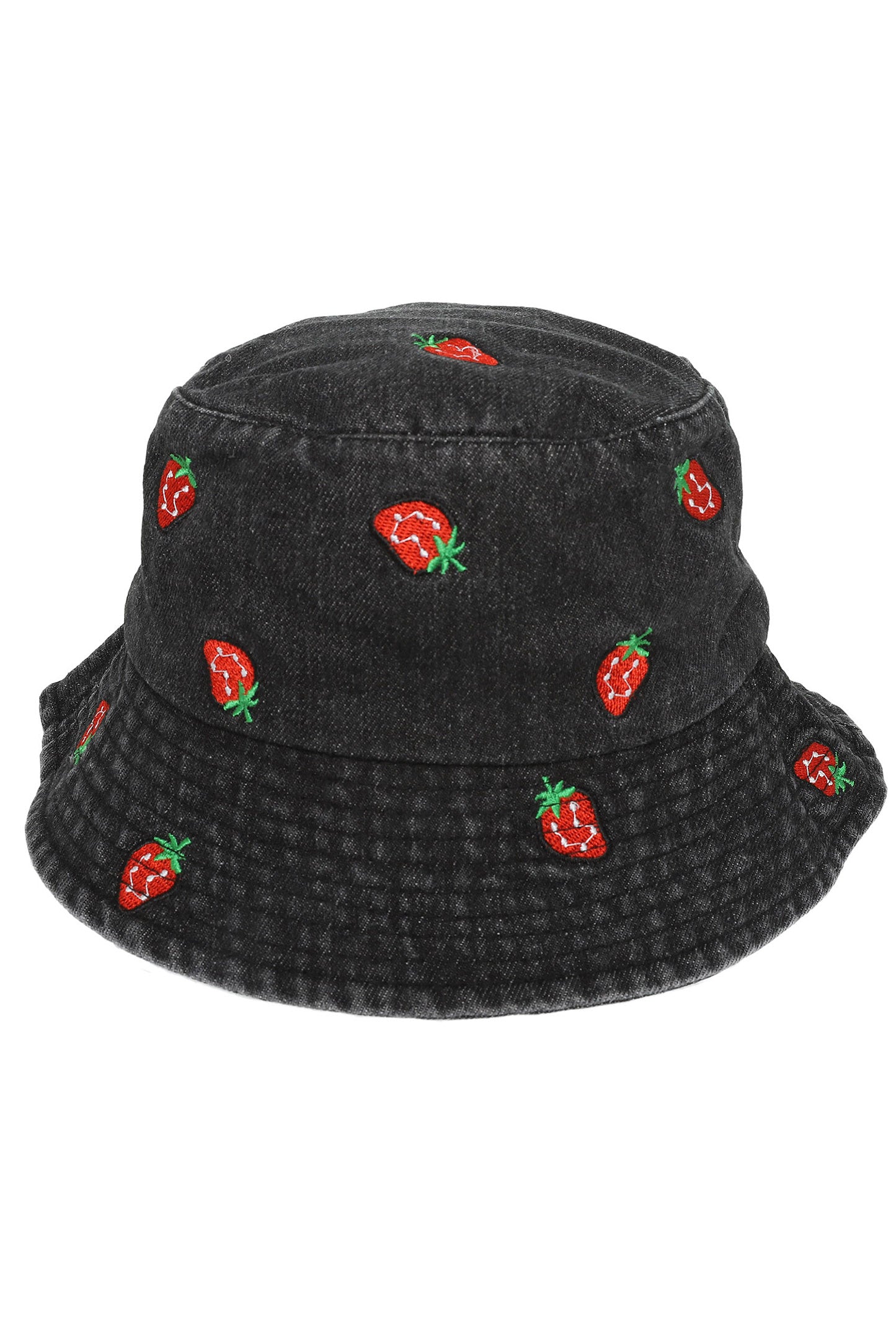 Stella Denim Bucket Hat with Embroidered Strawberry Accents | Black