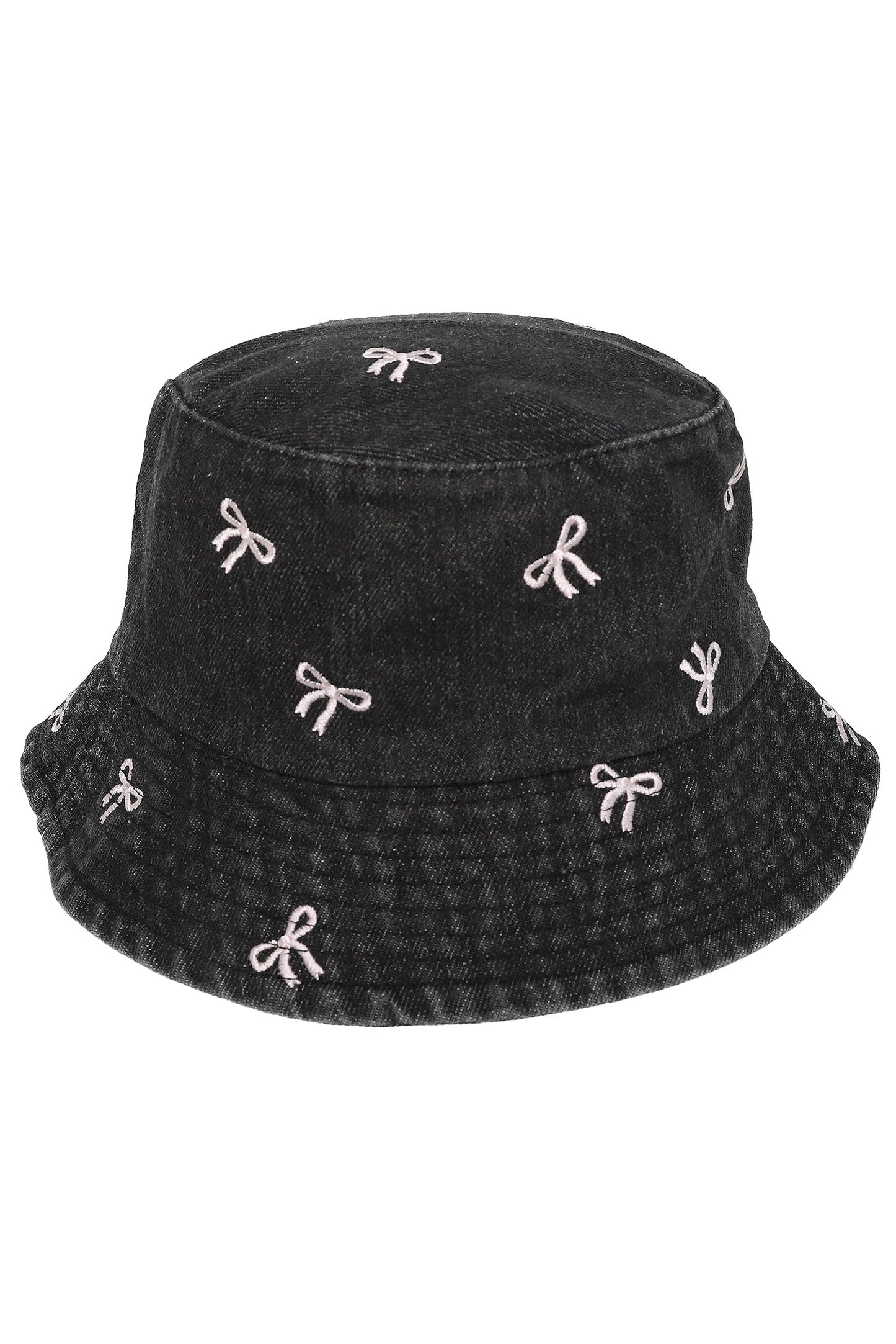 Elena Denim Bucket Hat with Embroidered Bow Accents | Black