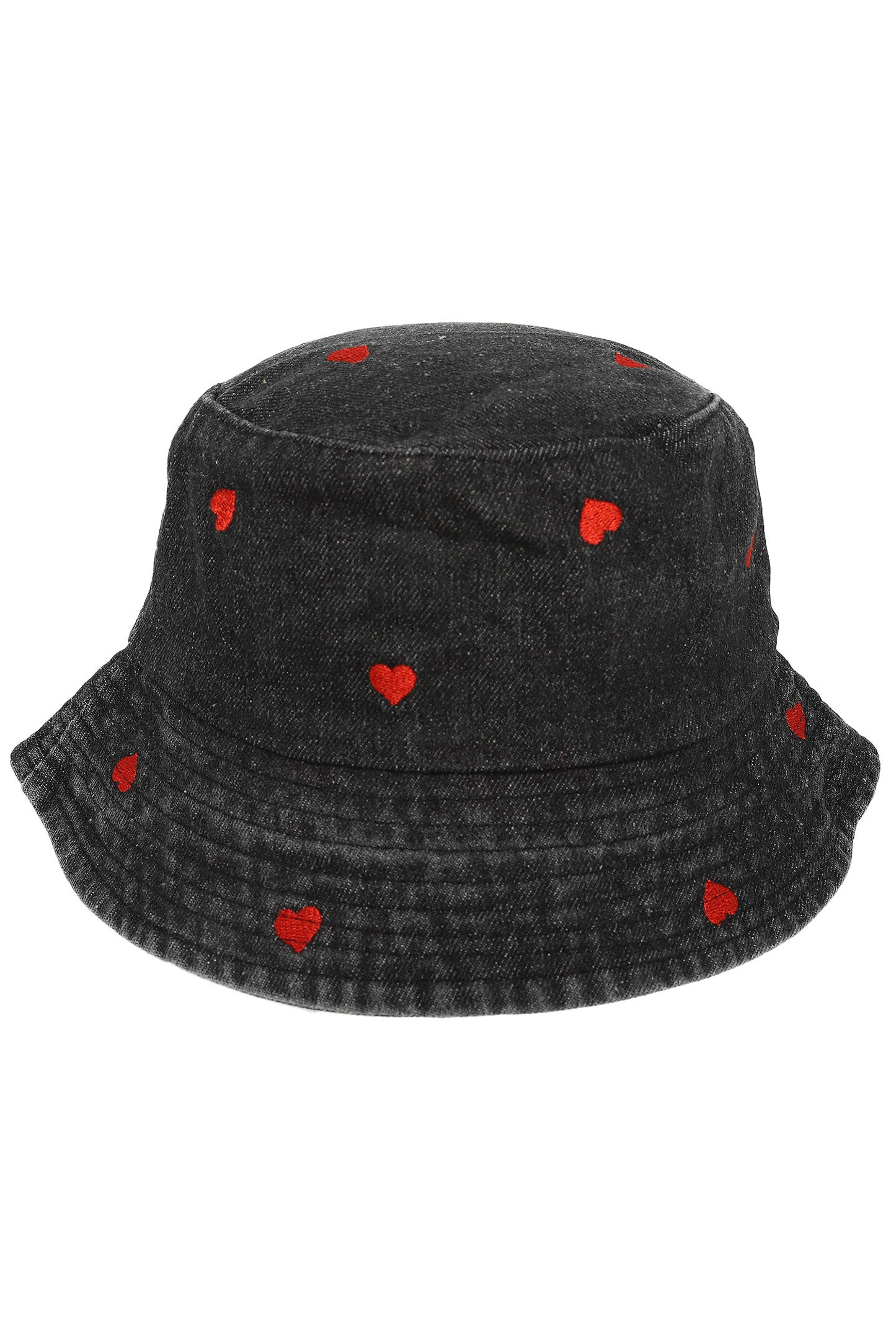 Hallie Relaxed Denim Bucket Hat with Embroidered Heart Accents | Black