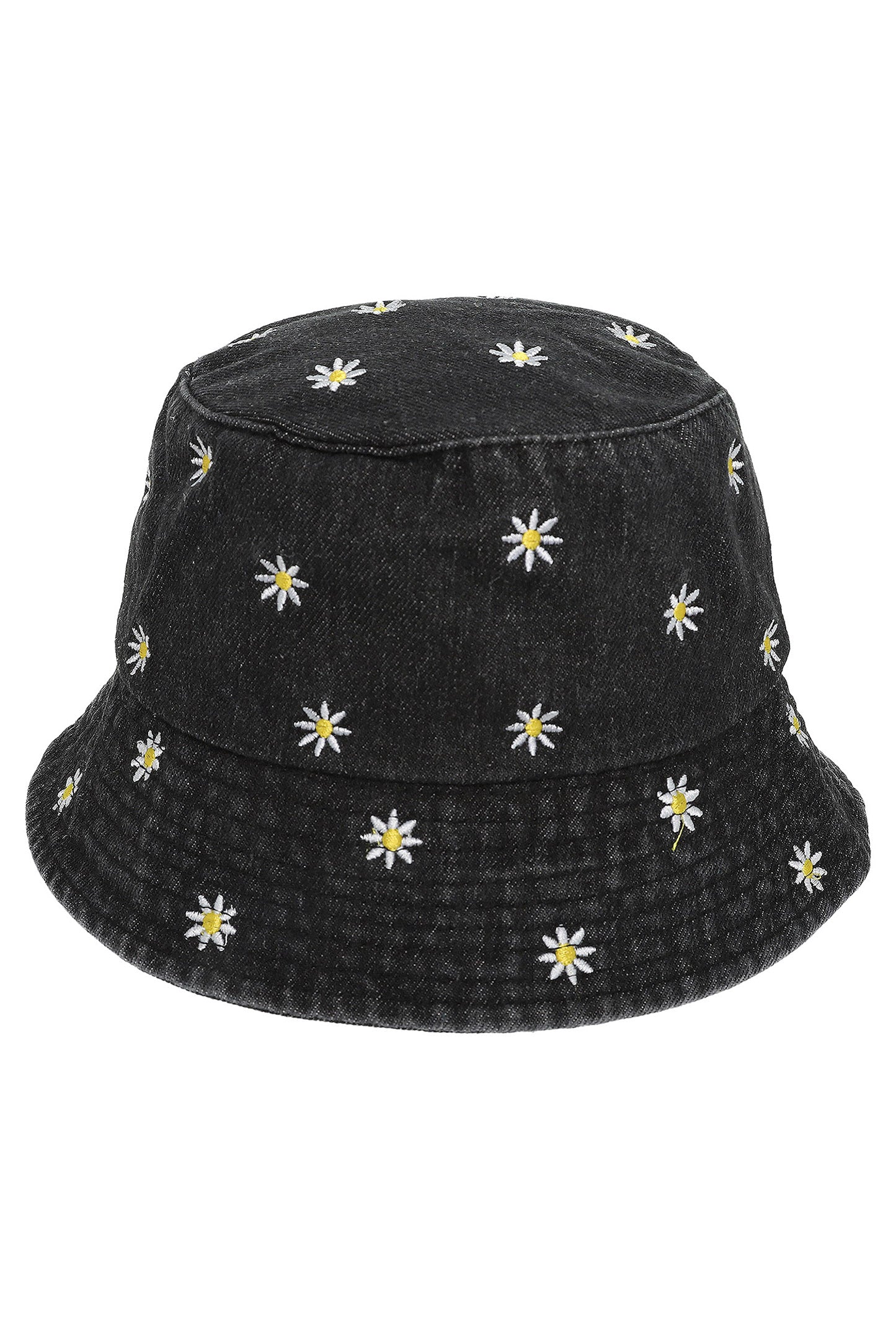 Brianna Denim Bucket Hat with Embroidered Daisy Flowers | Black