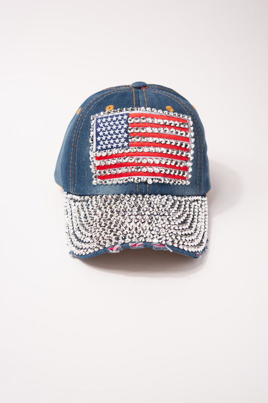 USA Flag Denim Cap with Full Rhinestone Brim | Light Denim