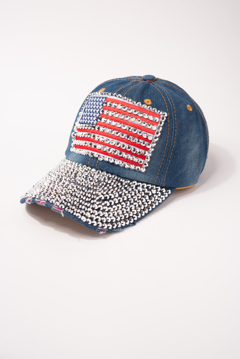 USA Flag Denim Cap with Full Rhinestone Brim | Light Denim