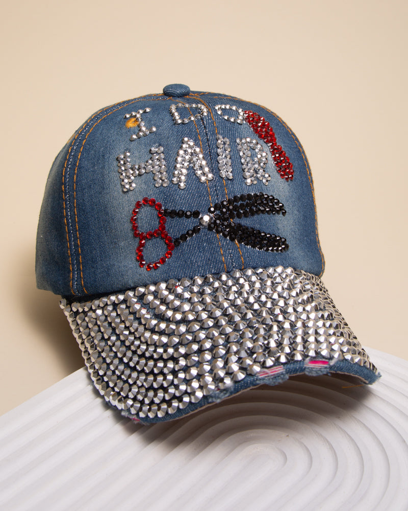 Nancy Rhinestone Studded Scissor & "I Do Hair" Denim Baseball Cap