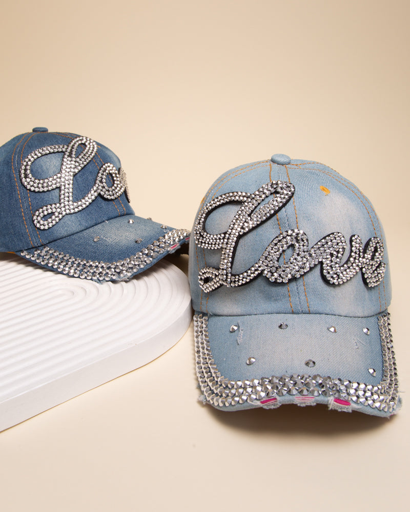 Hannah Rhinestone Cursive Love Denim Baseball Cap