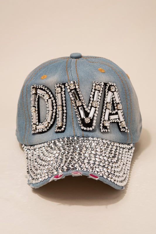 DIVA Denim Rhinestone Cap | Light Denim