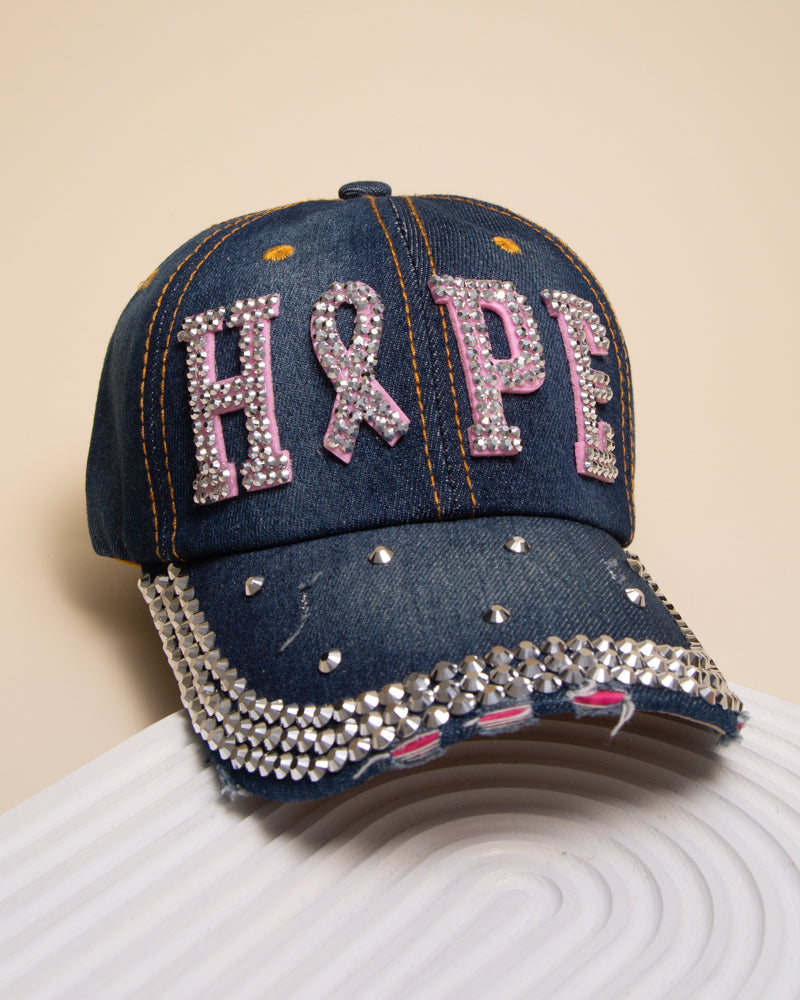 Mandy Rhinestone Pink Ribbon Hope Denim Baseball Cap