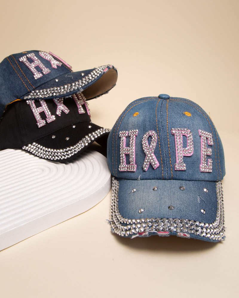 Mandy Rhinestone Pink Ribbon Hope Denim Baseball Cap