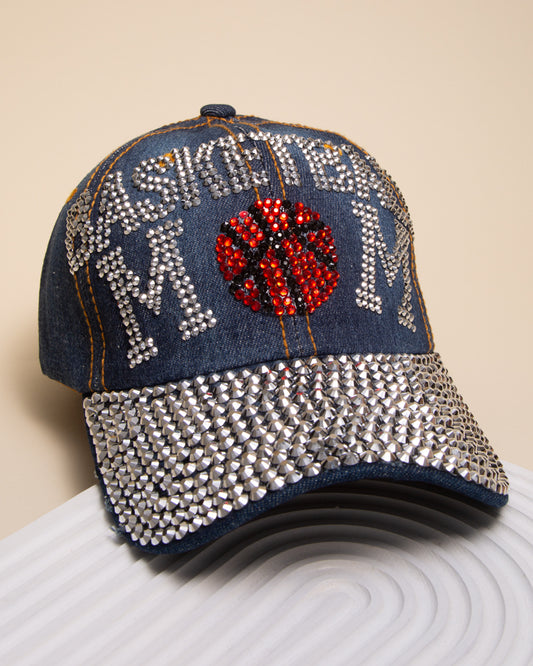Stacy Rhinestone Studded "Basketball Mom" Denim Baseball Cap | Dark Blue