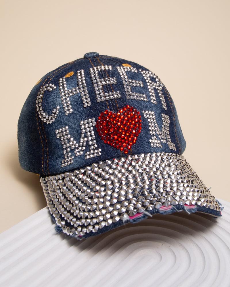 Abby Rhinestone Studded "Cheer Mom" Denim Baseball Cap | Dark Blue