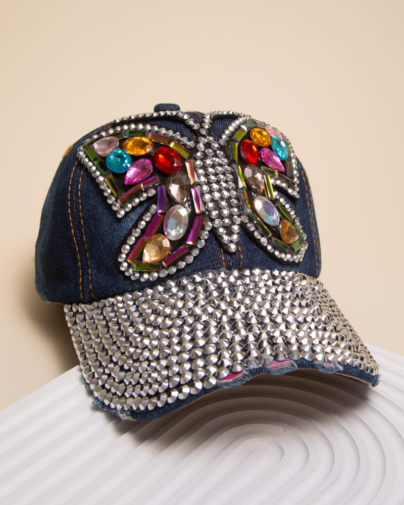 Karen Rhinestone Crystal Butterfly Denim Baseball Cap | Dark Blue