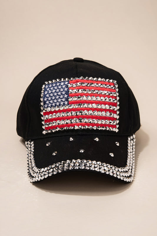 American Flag Cap with 3 Line Rhinestone Brim | Black