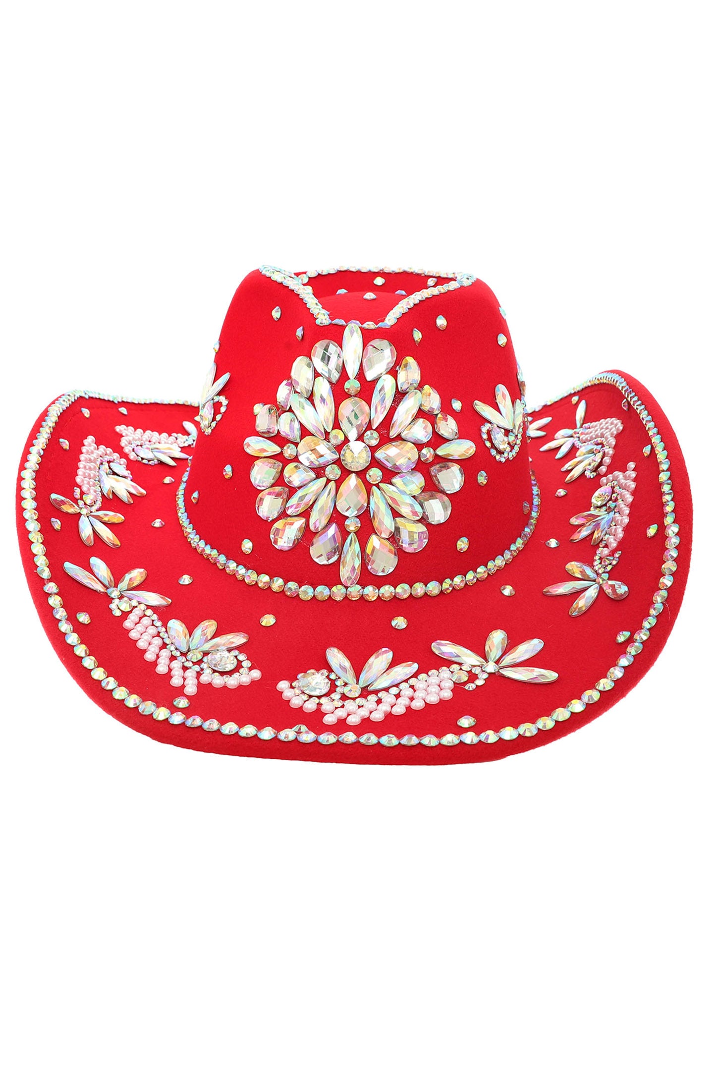 Arianna Sombrero Style Cowboy Hat with Crystal and Pearl Accents | Red