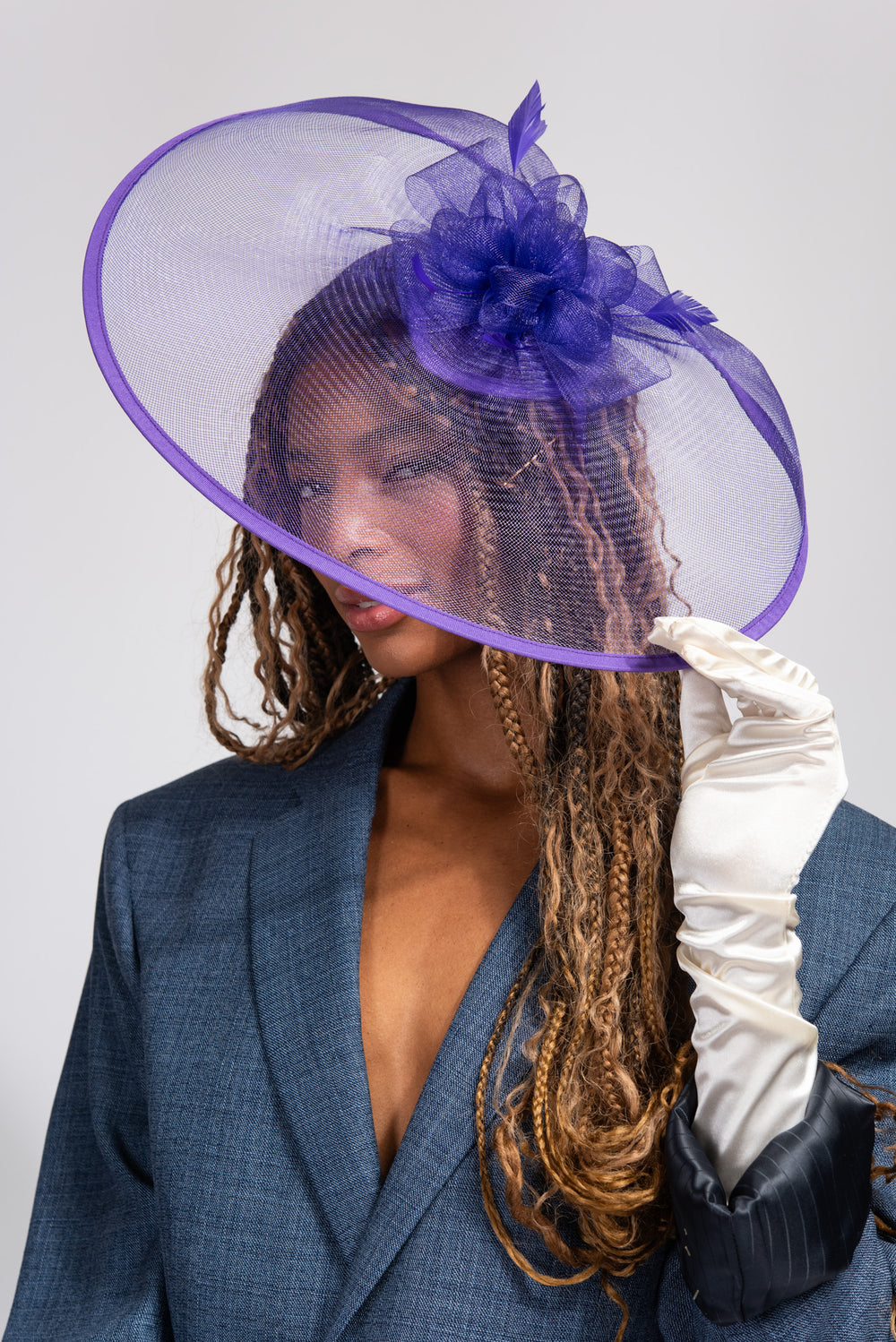 Esther Mesh Veil with Stain Trim Fascinator | Purple