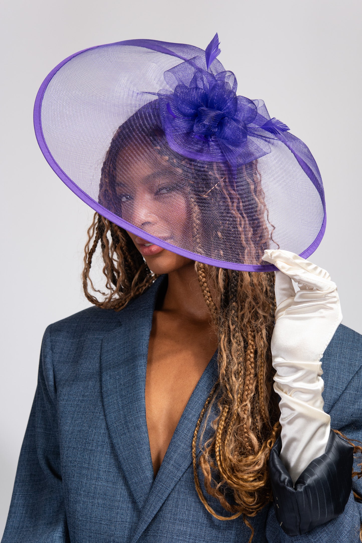 Esther Mesh Veil with Stain Trim Fascinator | Purple