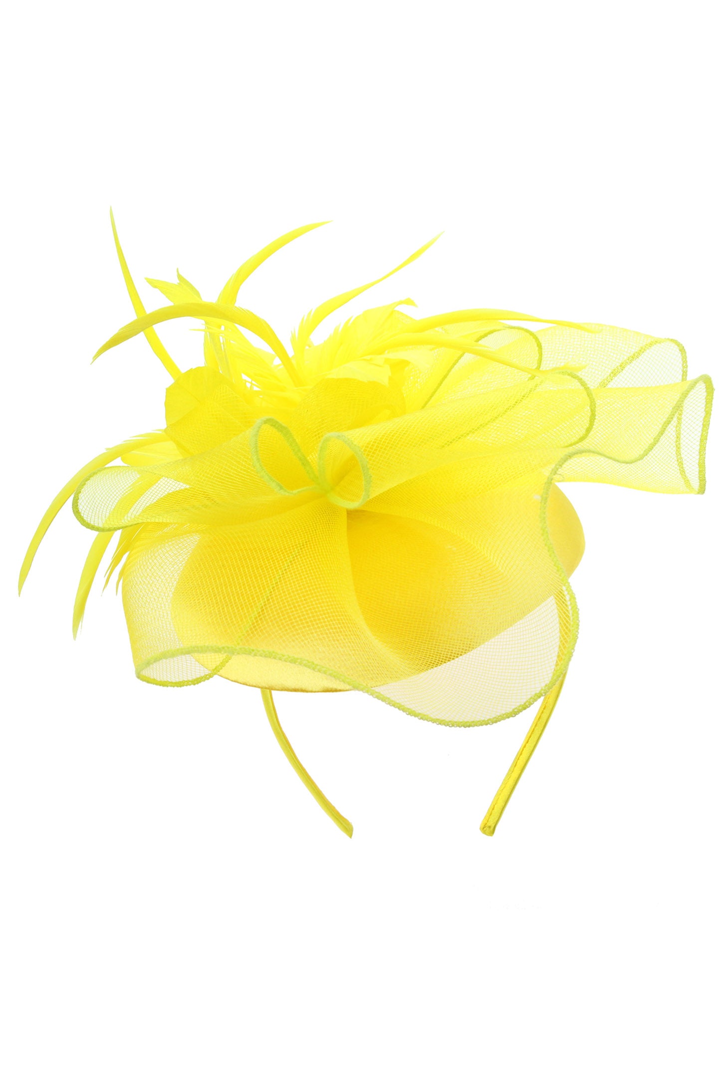 Gia Floral Mesh Wide Ribbon w/ Feathers Cap Fascinator | Yellow