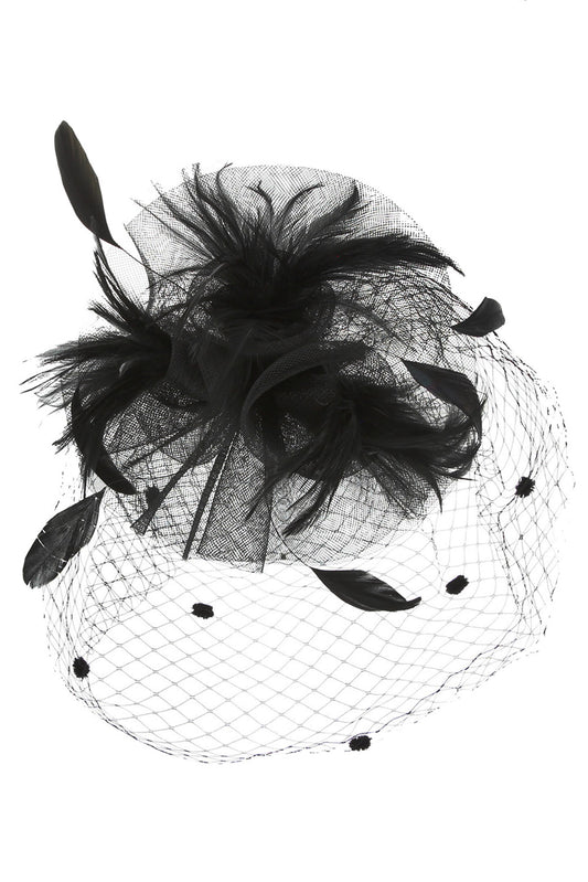 Nicole Organza Feather Flower w/ Dotted Netting Fascinator | Black