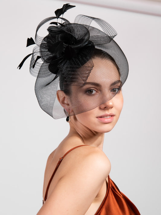 Tamia Veil Floral Fascinator | Black