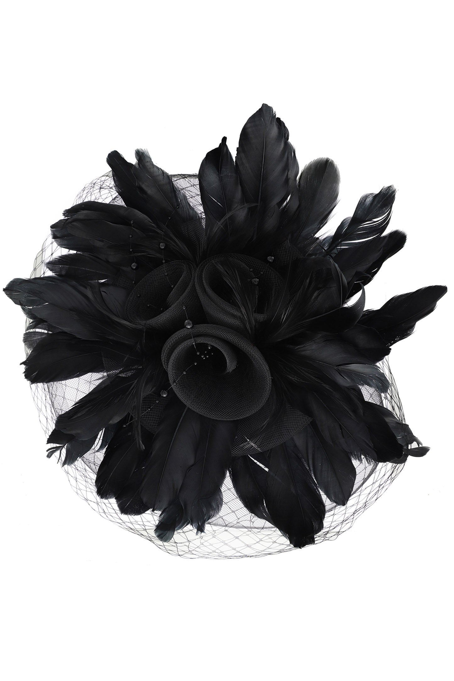 Regina Feather & Flower Bouquet w/ Netted Mesh Fascinator Headband | Black