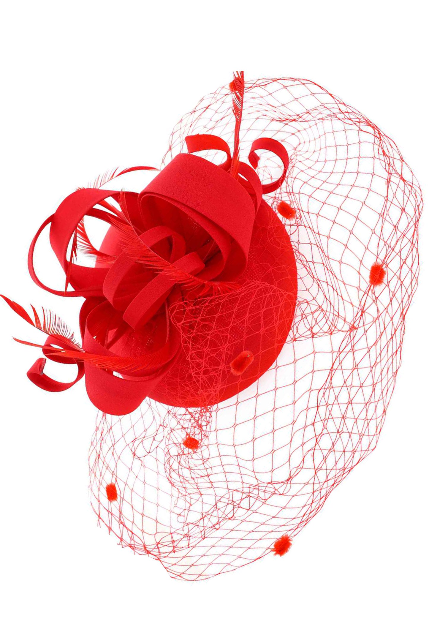 Briella Dotted Mesh Beret w/ Feathers and Loops Fascinator | Red