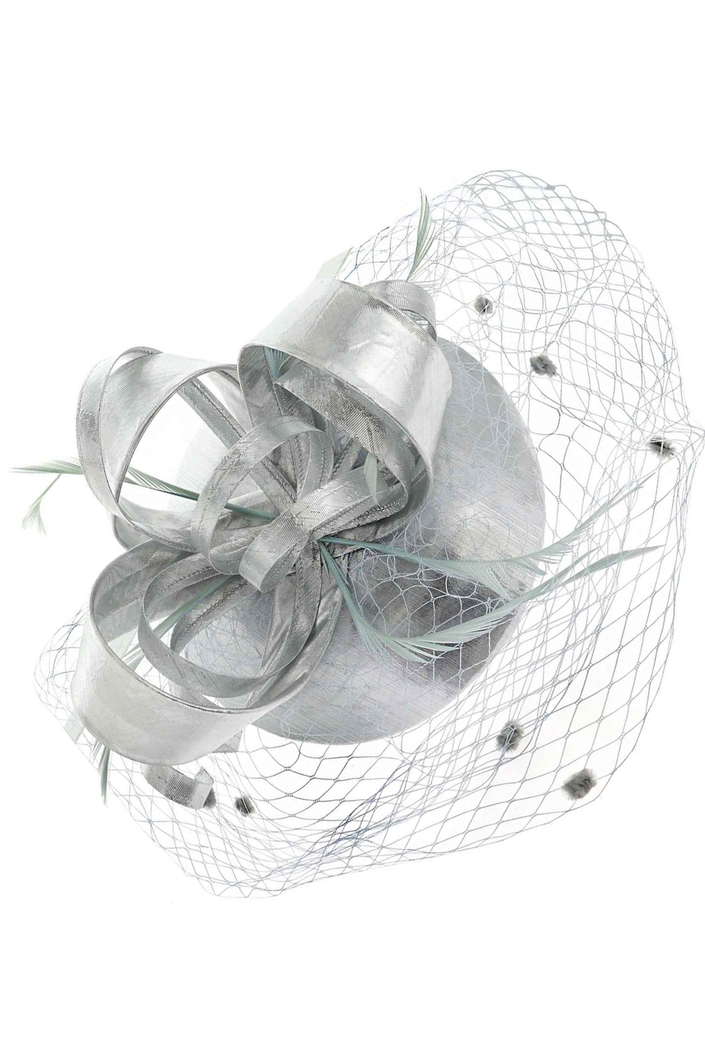 Briella Dotted Mesh Beret w/ Feathers and Loops Fascinator | Silver