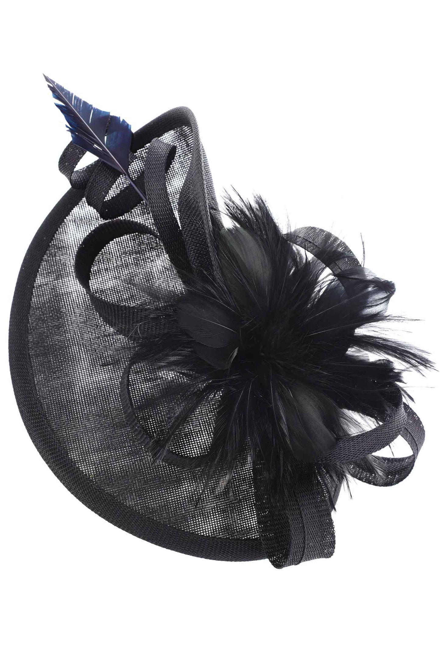 Elaine Fabric Mesh Feather Loop Fascinator | Black