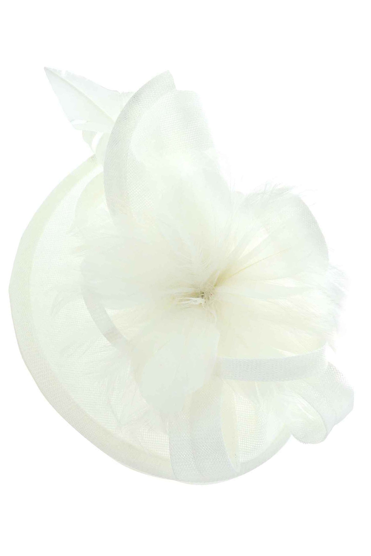 Elaine Fabric Mesh Feather Loop Fascinator | White