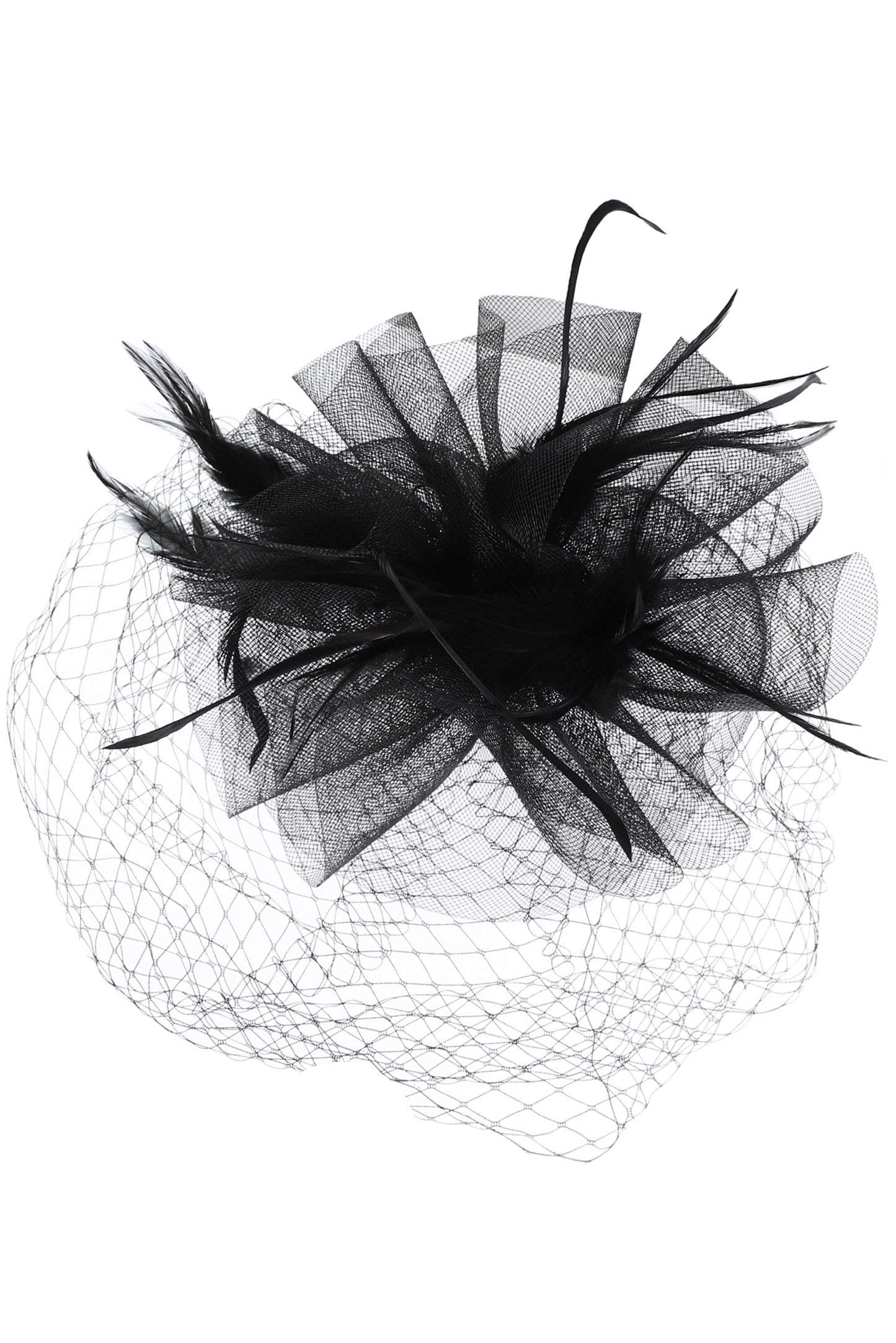 Daisy Ruffle Mesh w/ Feathers & Large Netting Fascinator Headband | Black