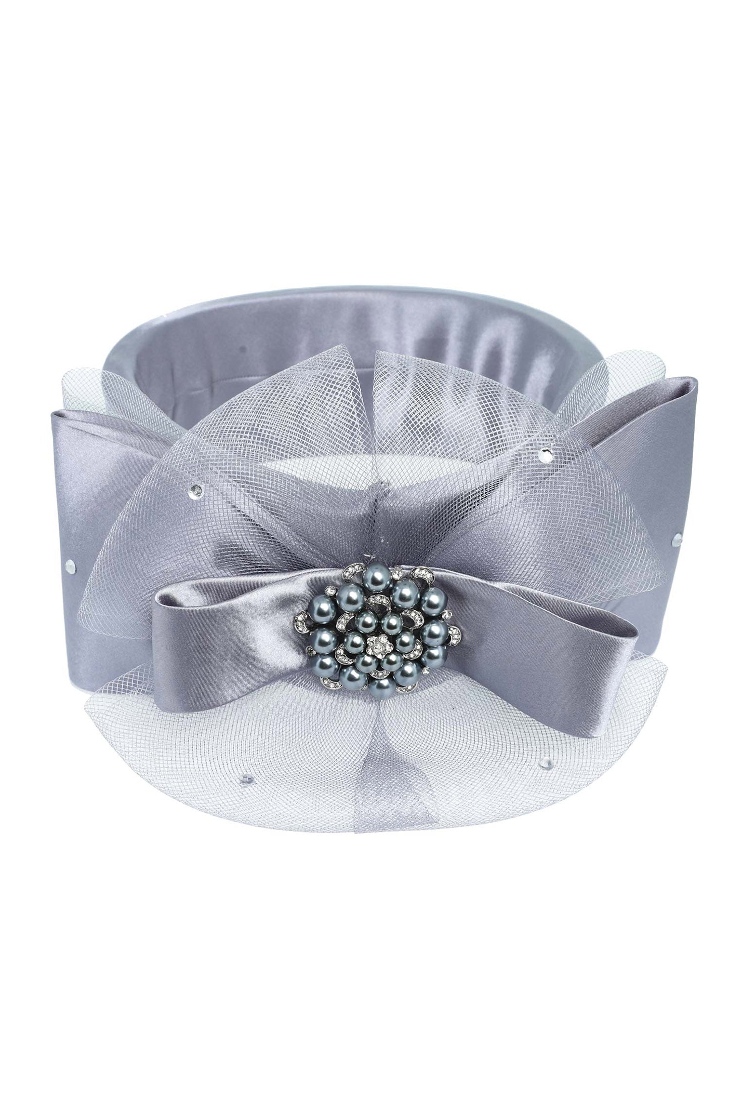 Nina Large Bow Satin Jeweled Mesh Fascinator Headband | Gray
