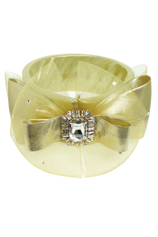 Adriana Large Bow Satin Jeweled Mesh Fascinator Headband | Gold