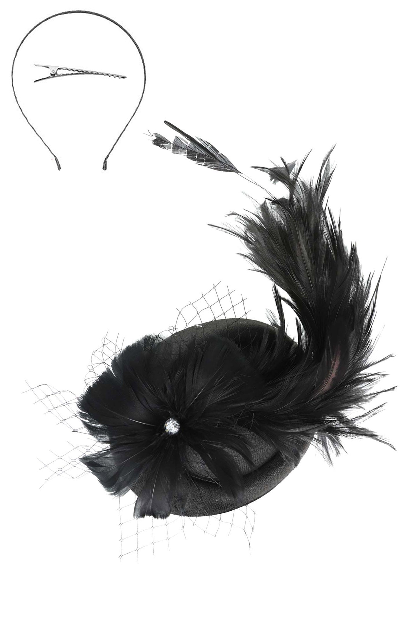 Regina 3-Piece Bow Netted Fascinator Headband and Clip | Black