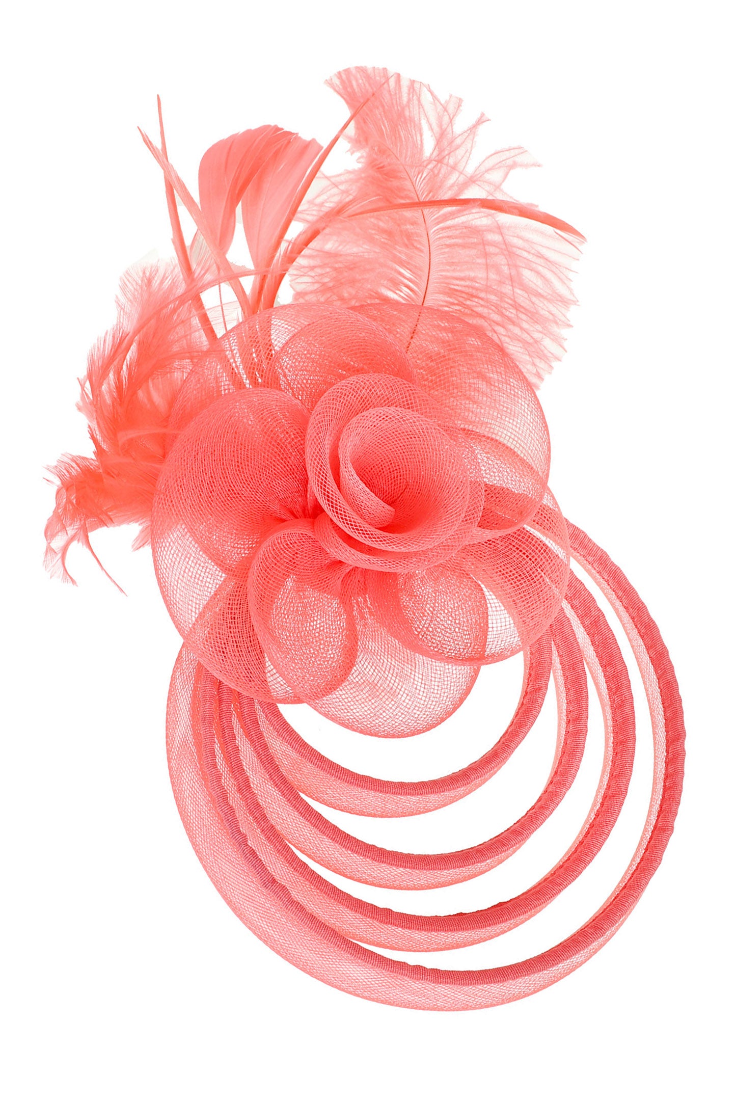 Chloe Floral Feathered Mesh Fascinator with Headband | Coral