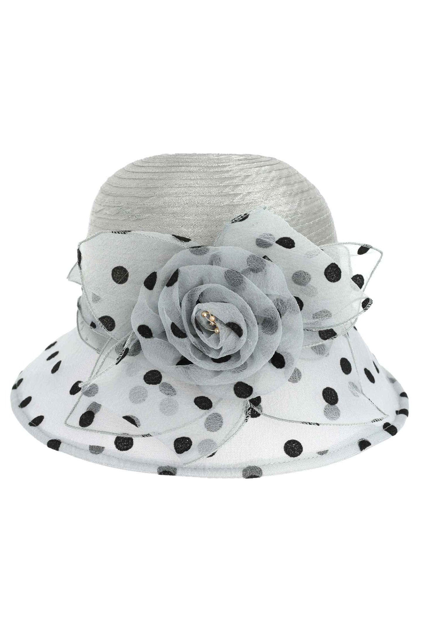 Valerie Floral Bow Polka Dotted Organza Cloche Hat | Gray