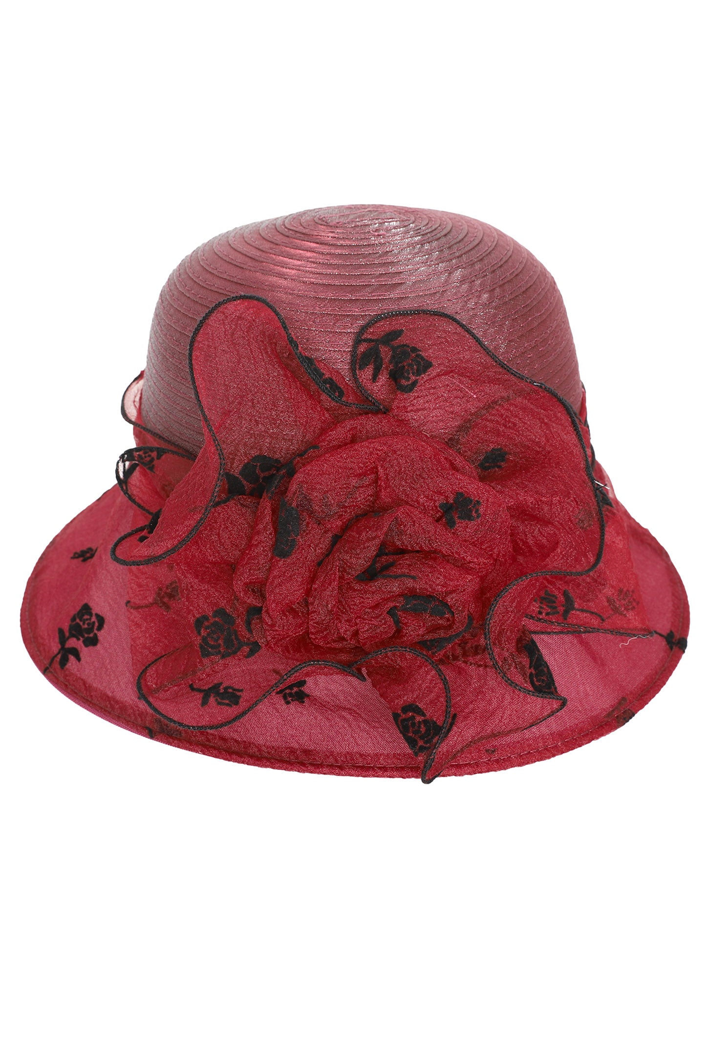 Isabel Floral Organza Down Brim Cloche Braid Hat | Burgundy
