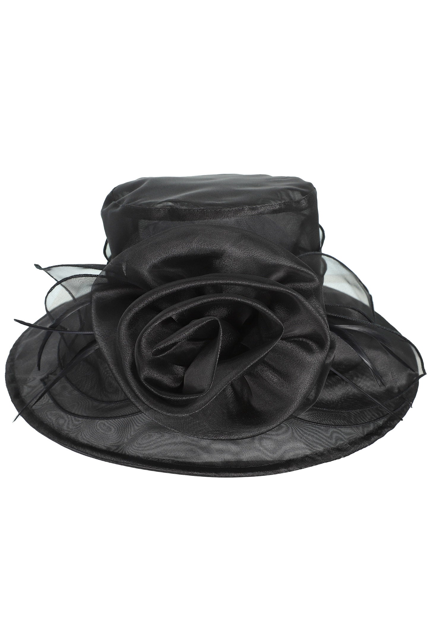 Nyla Wide Brim Flat Top Floral Organza Hat | Black