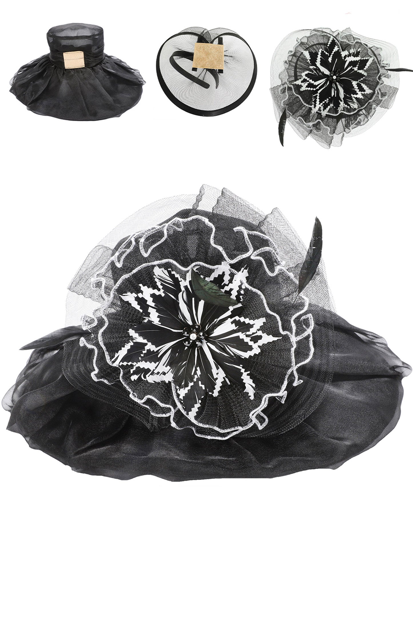 Maggie 2 in 1 Floral Wide Brim Organza Fascinator Hat | Black
