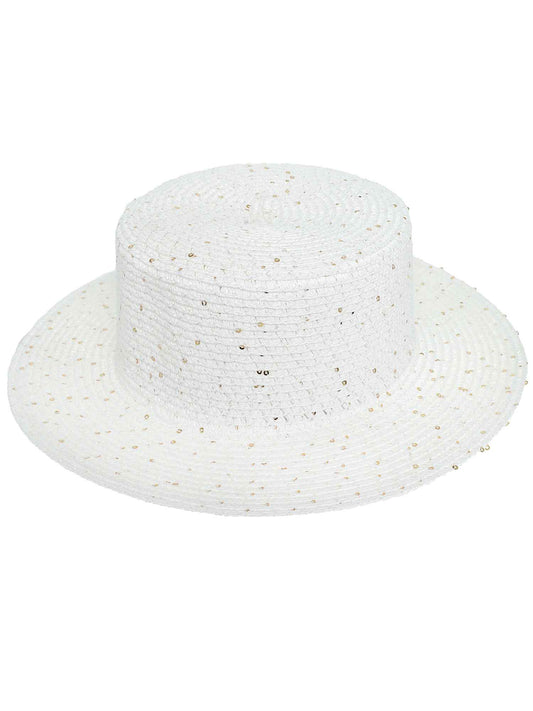 Raelynn Dressy Wide Flat Brim Pattered Woven Straw Hat | White