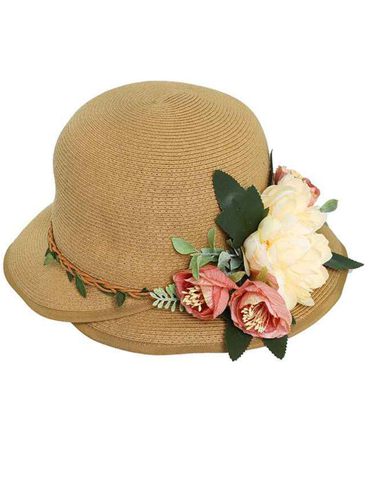 Madeline Fashion Down Brim Flower Paper Braid Sun Hat | Brown