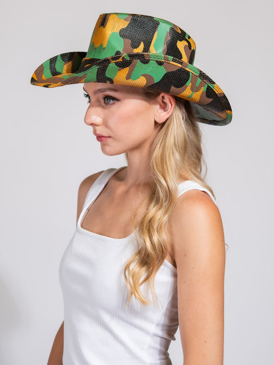 Nancy Fashion Western Camo Print Paper Braid Cowboy Hat | Green