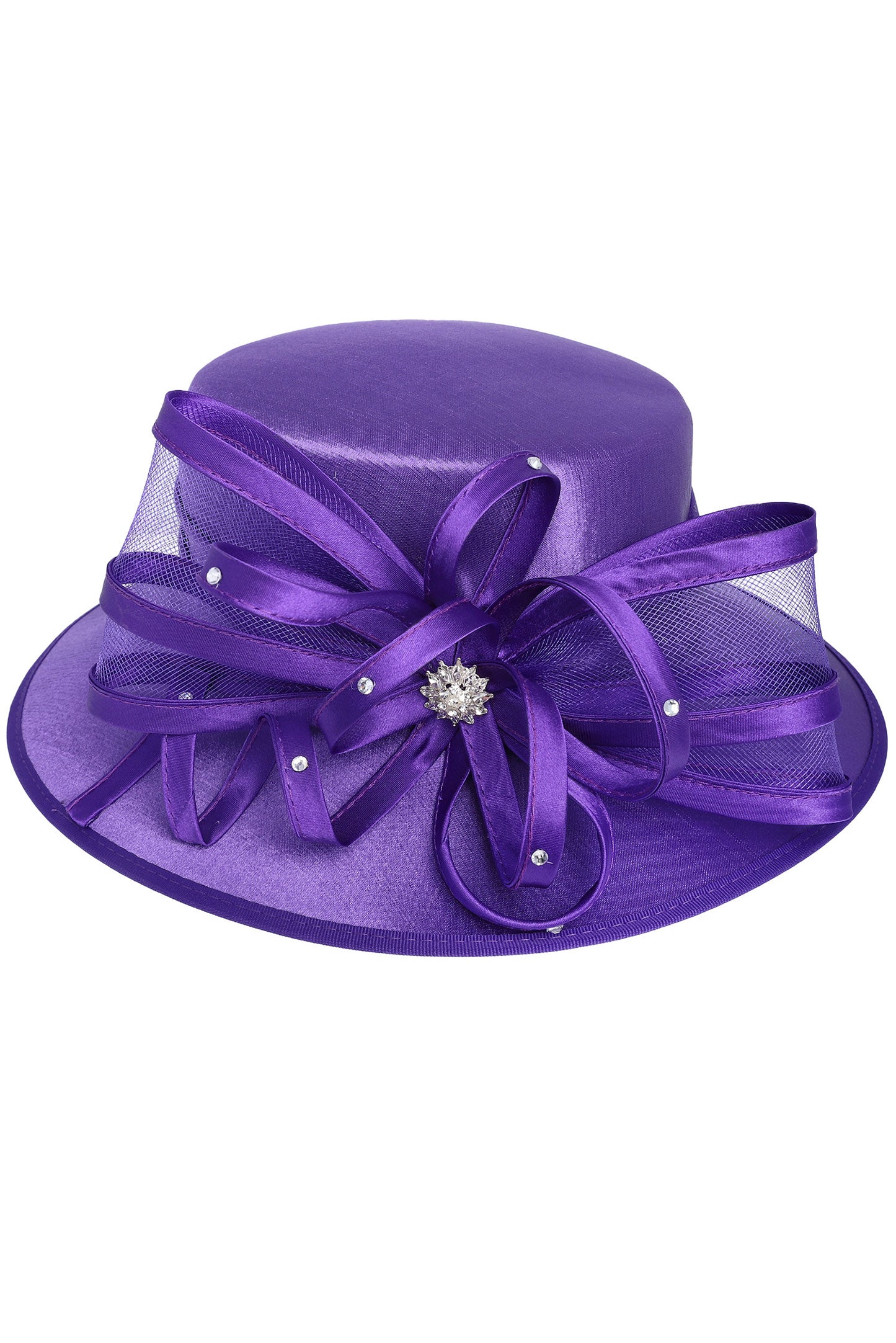 Carolina Ribbon Down Brim Brooch Accent Dressy Braid Hat | Purple