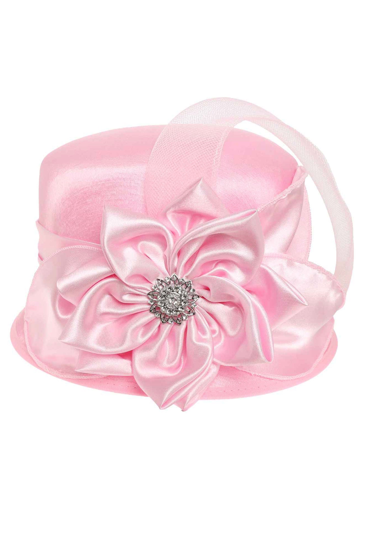Annie Rhinestone Embellished Flower Bow Satin Braid Hat | Pink