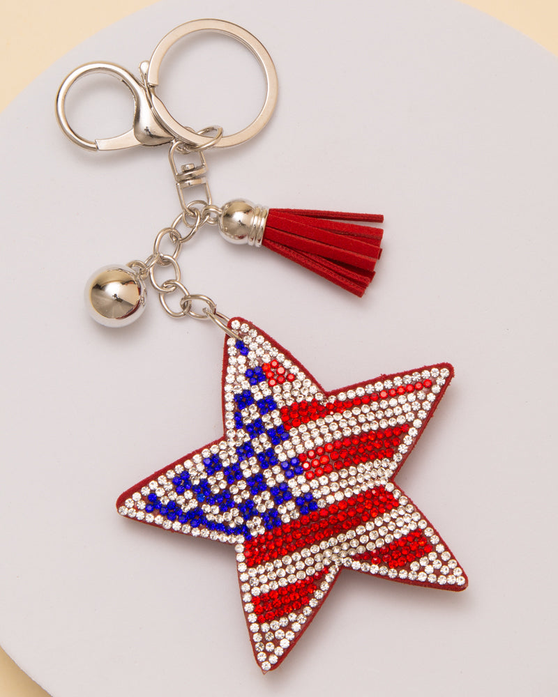 Rosemary USA Flag Themed Rhinestone Pavé Star Tassel Keychain