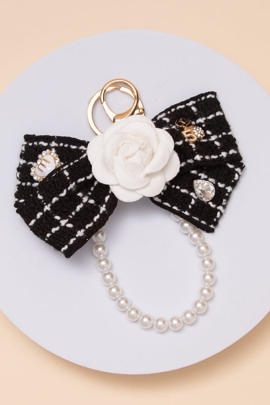 Estelle Tweed Floral Pearl Keychain | Black
