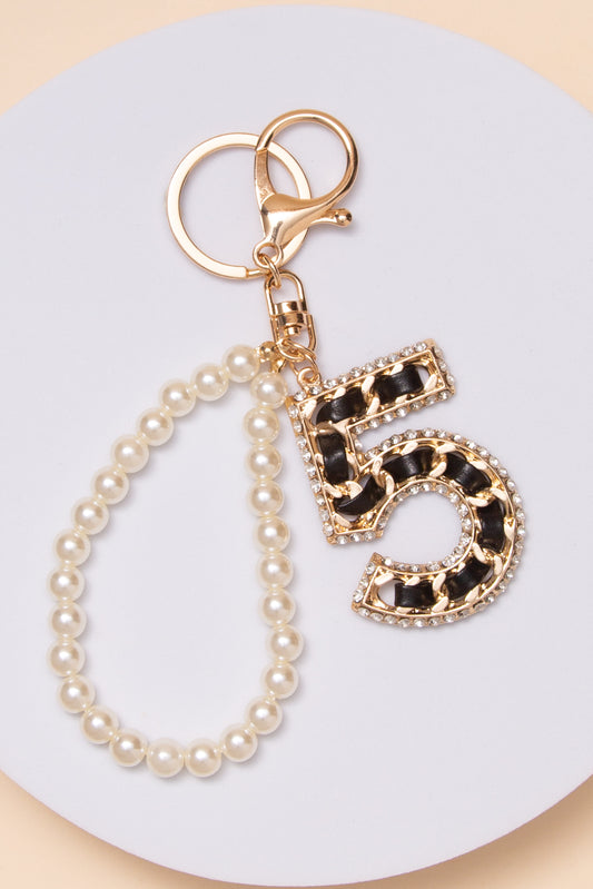 Seraphina Number Five Leather Threaded Pearl Beaded Bag Charm Keychain | Black