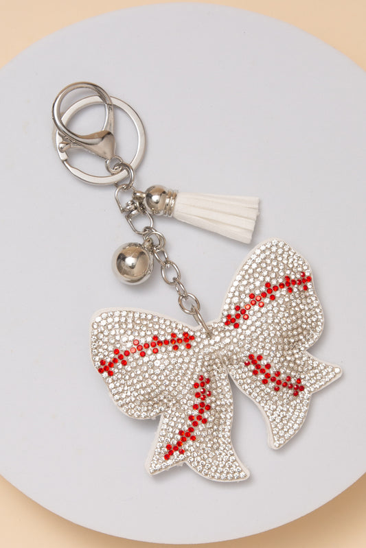 Annie Rhinestone Baseball Bow Keychain | White