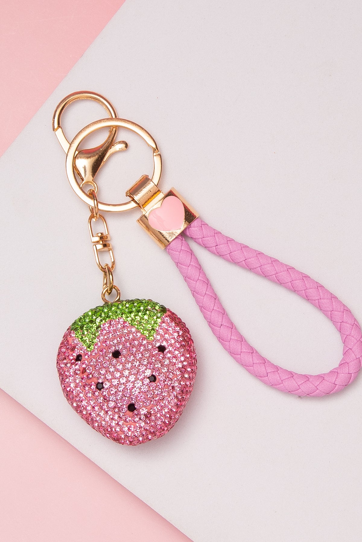 Hailey Rhinestone Strawberry Keychain With Heart | Pink