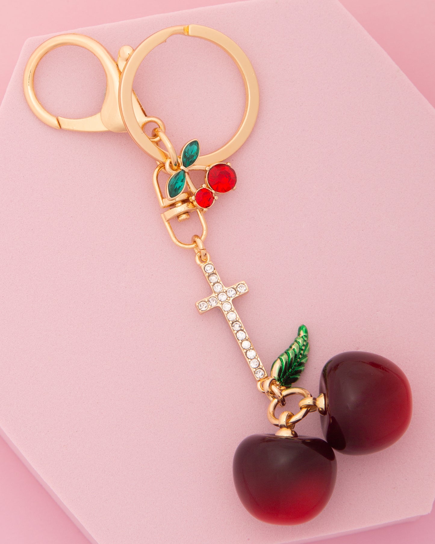 Carley Red Acrylic Cherry Rhinestone Pavé Cross Charm Keychain