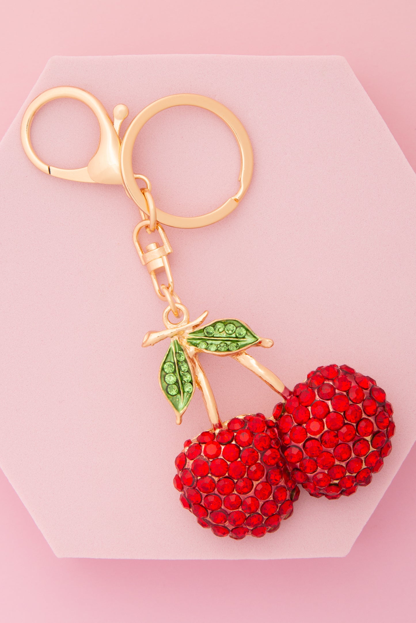 Gina Rhinestone Cherry Keychain with Split Ring and Lobster Clasp