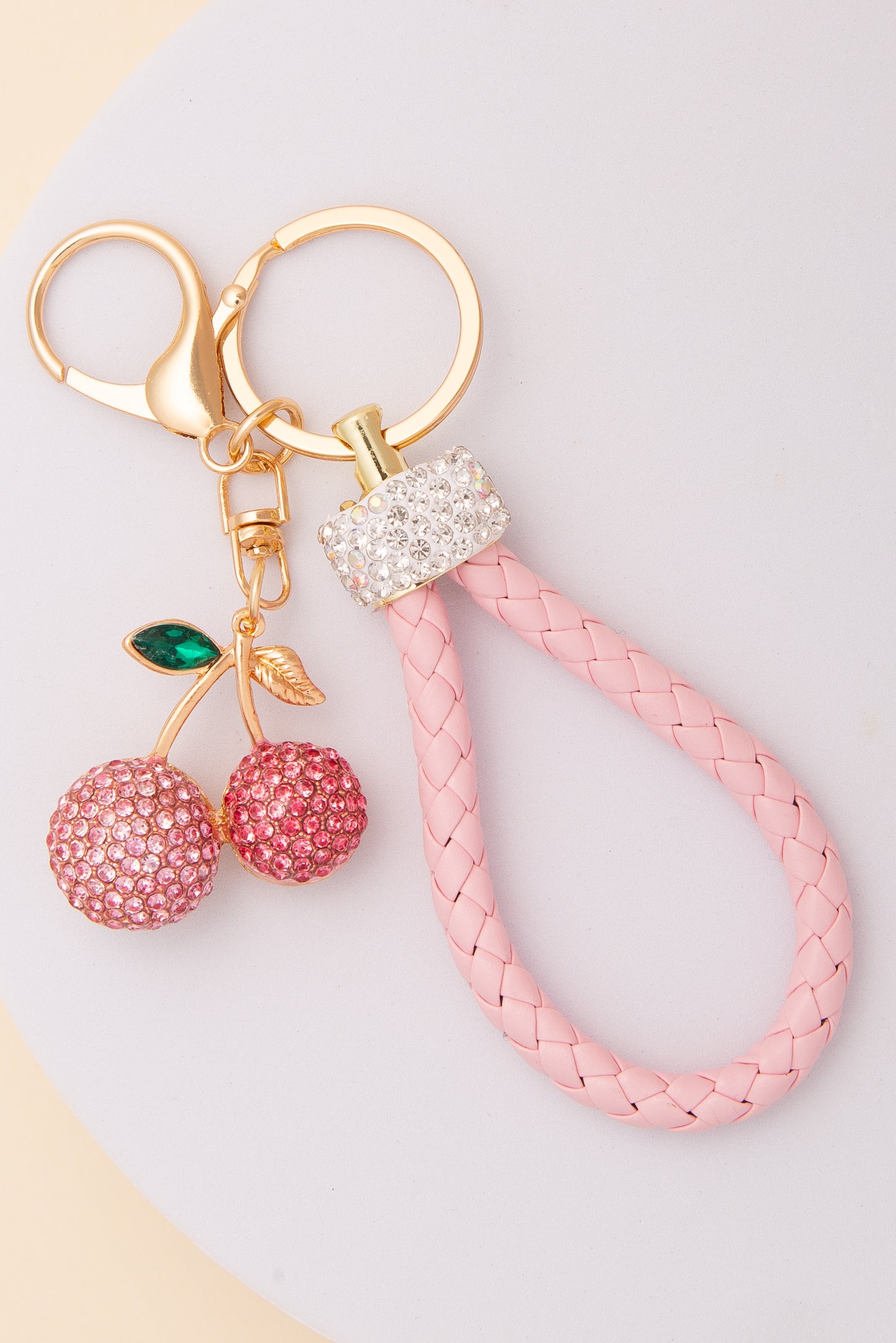 Ruby Cherry Keychain with Rope Handle and Rhinestone Embellished