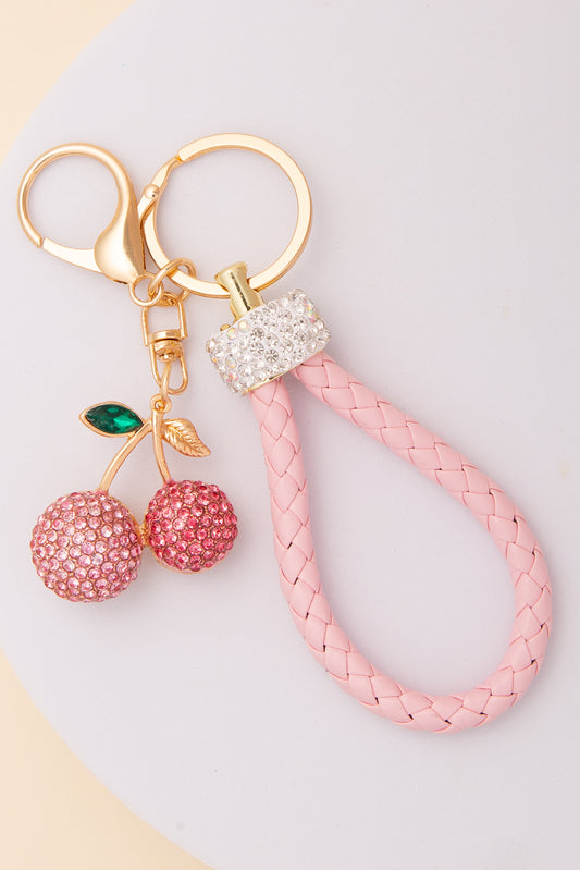 Ruby Cherry Keychain with Rope Handle and Rhinestone Embellished | Pink